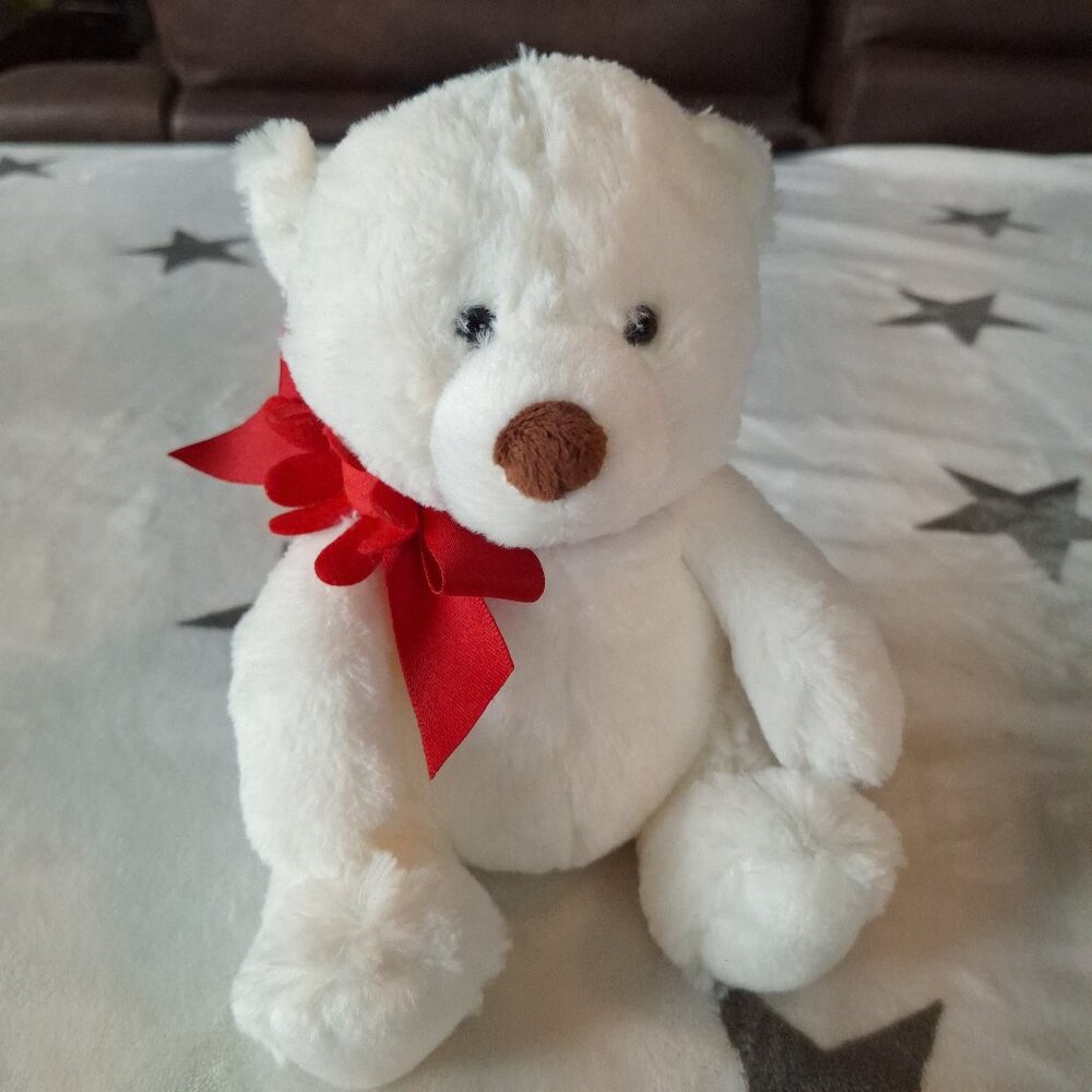 Hallmark Li'l Sweetheart White Plush Bear‎ Red Bow with Flower 8"